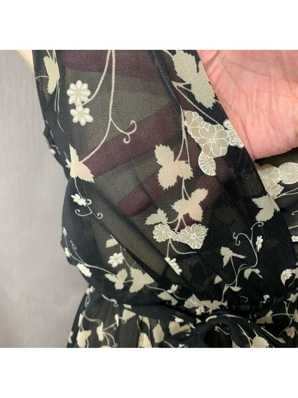 Vintage 70s Black Floral Sheer Midi Dress Sz10 (S-M) Belted Sleeveless Retro - Picture 4 of 11